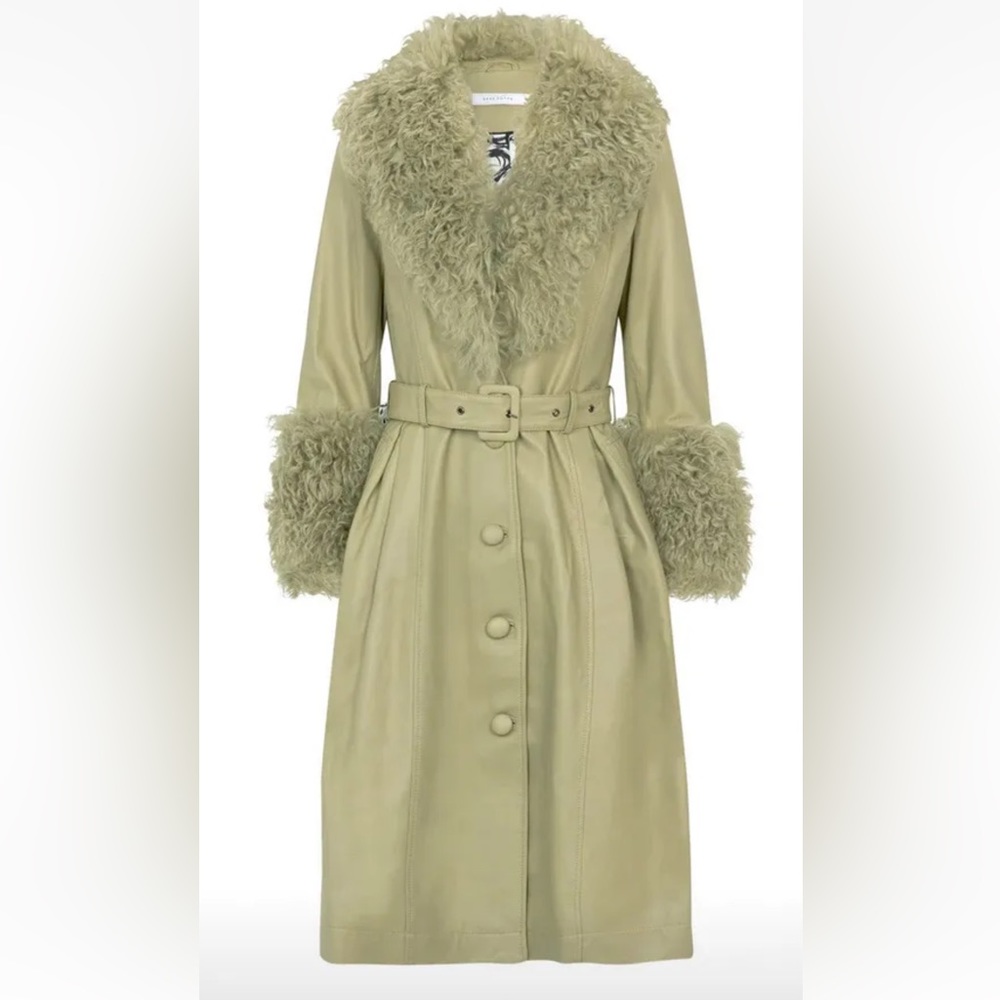 SAKS POTTS FOXY LEATHER COAT - SAGE GREEN - shearling trim tie dye interior